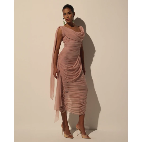 Milla Midi Dress in Italian Mesh with Draping - Dresses - Ukrainian Luxury Evening Gown at Luxury Shoes 