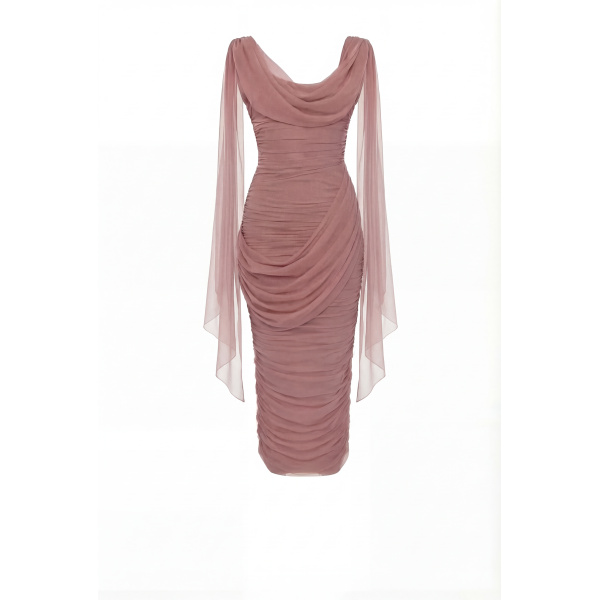 Milla Midi Dress in Italian Mesh with Draping - Dresses - Ukrainian Luxury Evening Gown at Luxury Shoes 