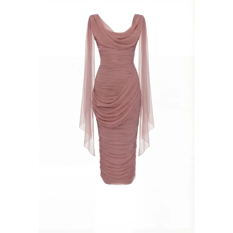 Milla Midi Dress in Italian Mesh with Draping - Dresses - Ukrainian Luxury Evening Gown at Luxury Shoes 