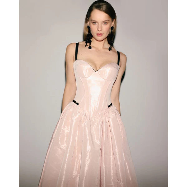 Milla Misty Rose Corset Midi Dress with Contrast Details - Dresses - Ukrainian Luxury Evening Gown at Luxury Shoes 