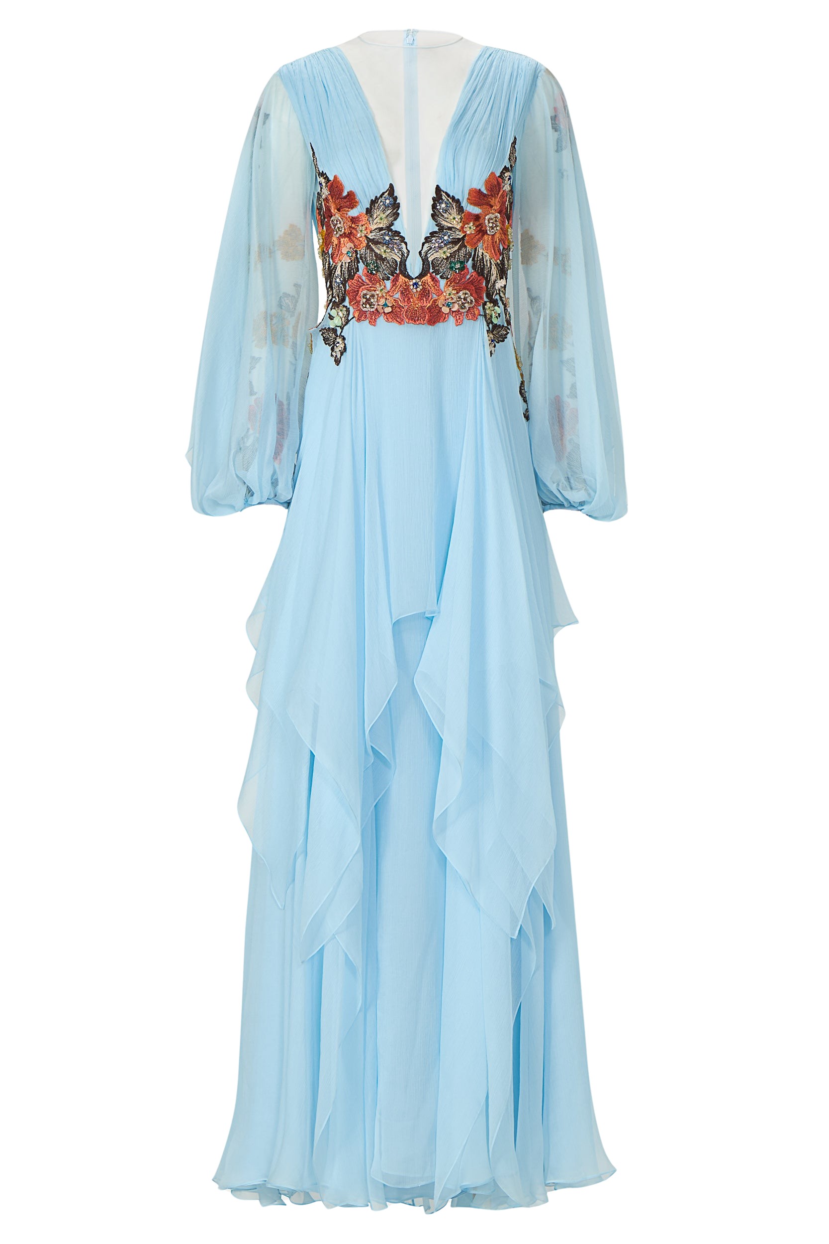 Costarellos Teya Crinkle Silk Chiffon Gown
