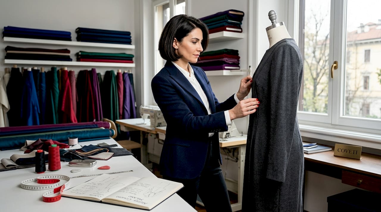 Il designer osserva con attenzione un capo d’alta moda nel suo atelier, curando ogni dettaglio.