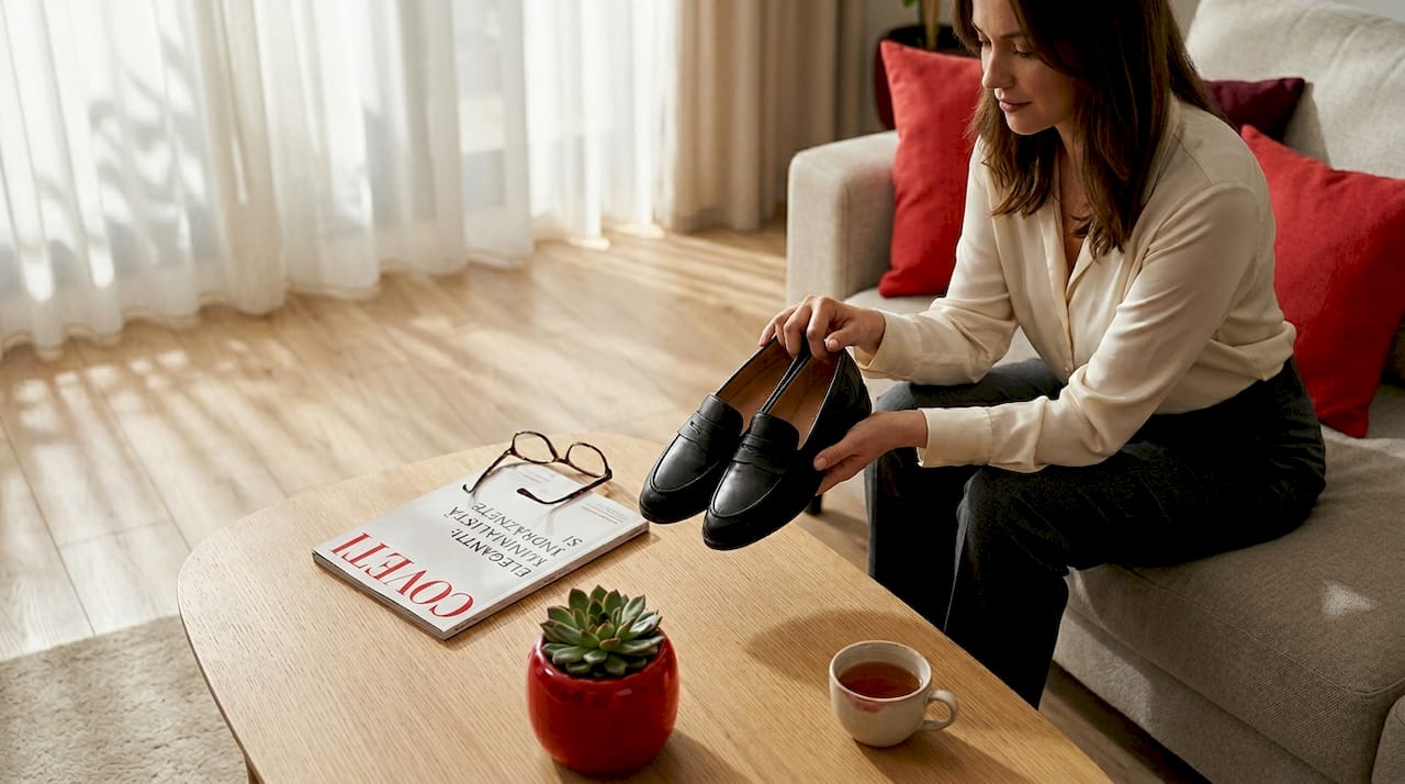 O femeie răsfoiește colecția de pantofi de lux pe care o are pe masă, încercând să aleagă perechea perfectă pentru o ocazie specială.