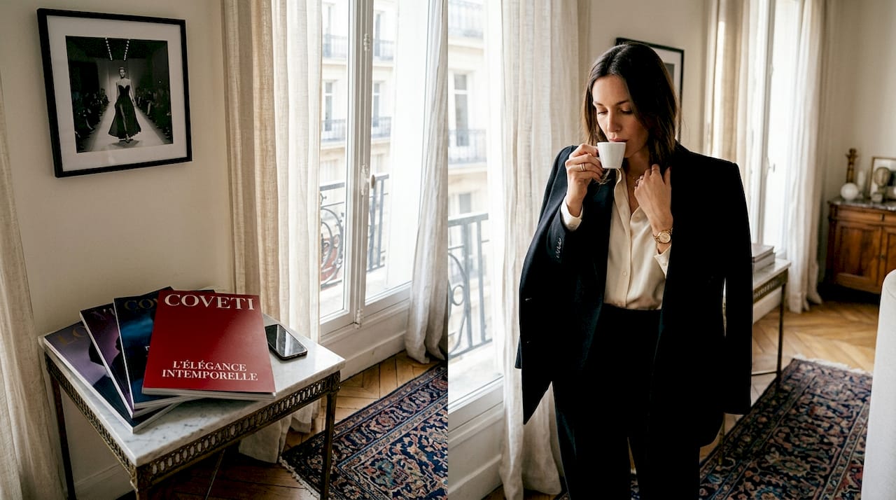 Une femme ajuste son blazer près d’une fenêtre, entourée de magazines de mode.