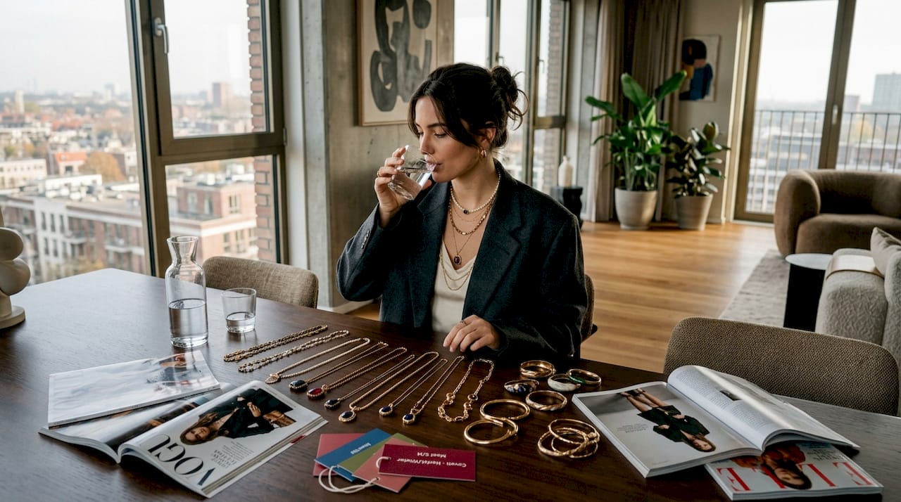 Een vrouw zit aan tafel en sorteert moderne accessoires.