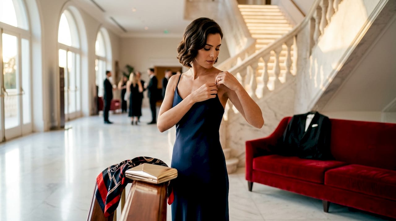 Mulher ajeita o vestido enquanto se prepara para entrar no elegante átrio de um hotel.
