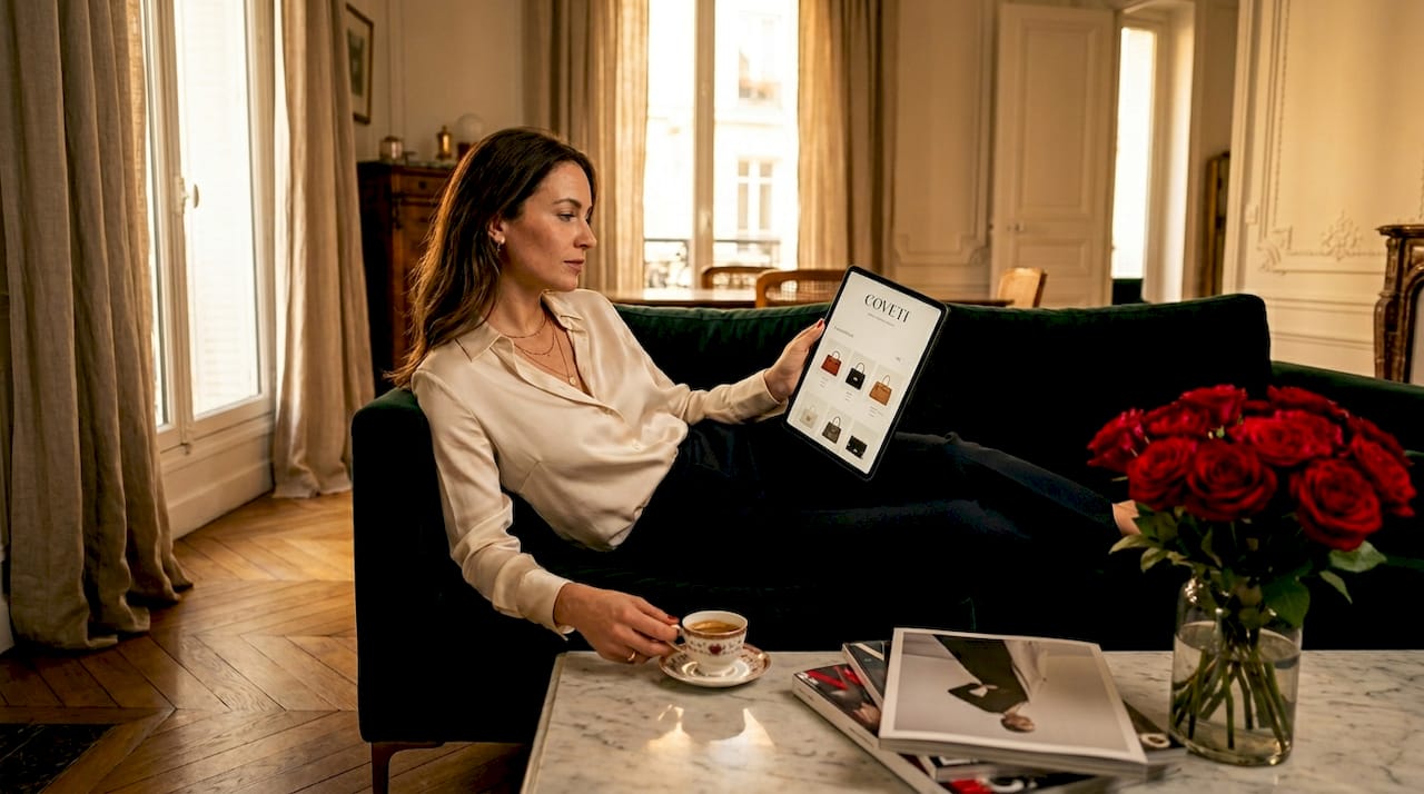 Une femme se fait plaisir en commandant des articles de luxe depuis le confort de son salon.