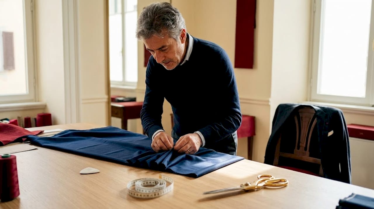 Nel suo atelier, il sarto stende con cura il tessuto sul tavolo da lavoro, pronto a iniziare una nuova creazione.