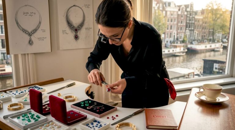 Een ontwerpster verdiept zich geconcentreerd in haar werk aan de werkbank, waar ze met de hand exclusieve sieraden maakt.