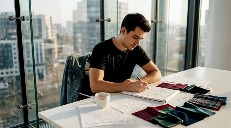 Designer la început de drum, surprins în timp ce schițează idei noi în atelierul său.