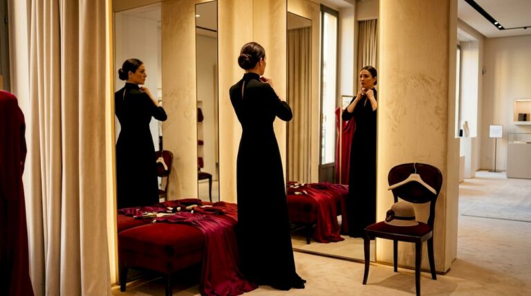 Una donna si sistema l'abito da sera davanti allo specchio nella cabina di prova di una boutique.
