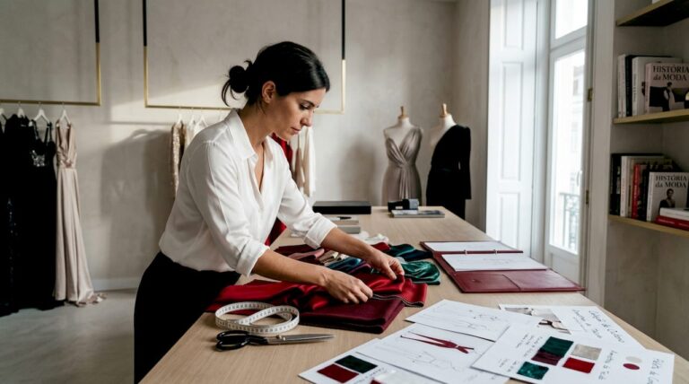 Designer de moda escolhe tecidos no atelier, preparando as próximas criações.
