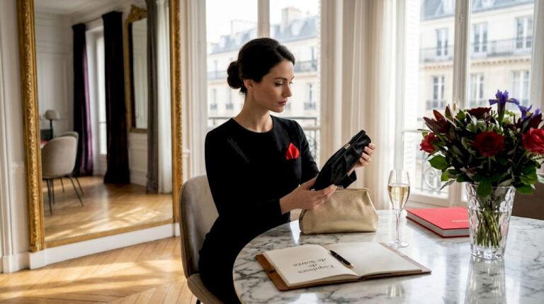 Une femme hésite devant sa collection de pochettes chez elle, cherchant celle qui ira parfaitement avec sa tenue de soirée.