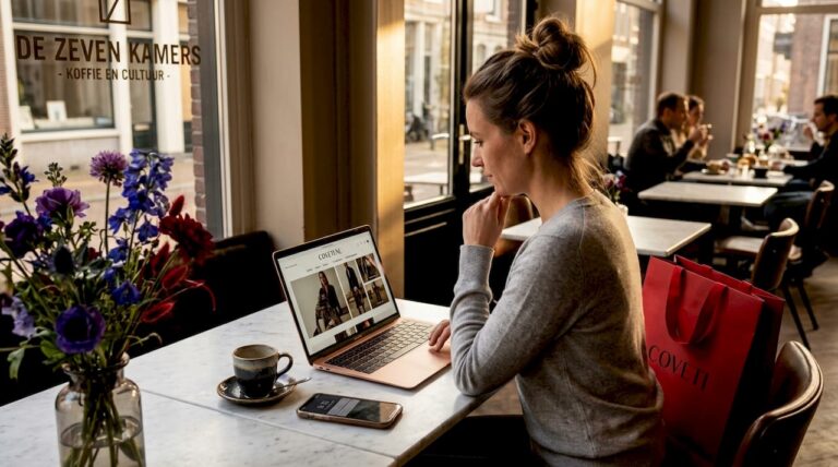 Een vrouw die thuis ontspannen door exclusieve modewebshops bladert.