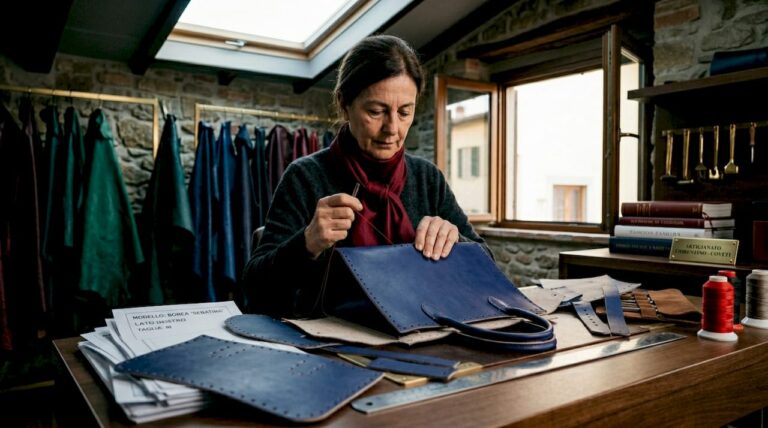 Un maestro artigiano è all’opera nella creazione di una borsa esclusiva su misura.
