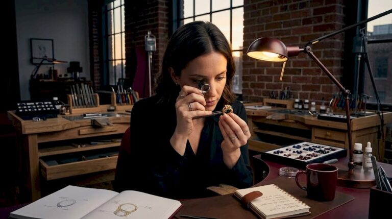 Diseñadora de joyas trabajando en su taller, concentrada en su banco de trabajo.