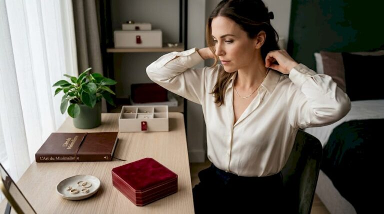 Assise à son bureau, une femme ajuste délicatement un fin collier en or au style épuré.