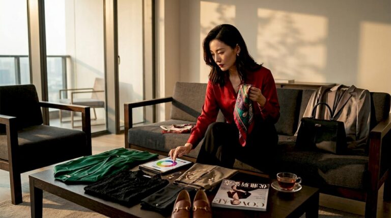 一位女士在家精心搭配服装颜色，展现出自己的时尚品味。
