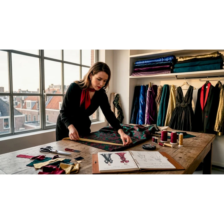 In een knus atelier buigt een modeontwerper zich over stoffen en nieuwe ontwerpen.