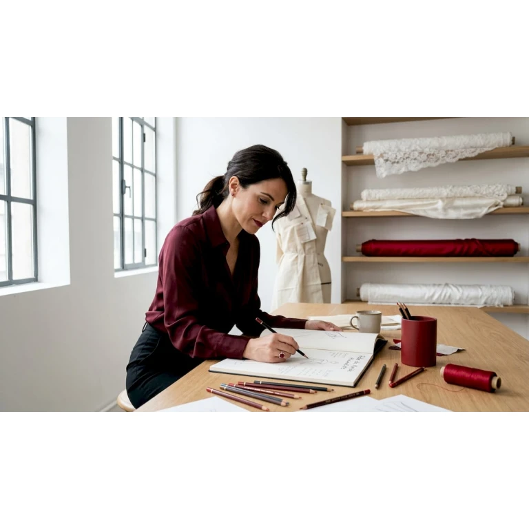 Un créateur de mode en pleine esquisse, installé à sa table de travail, entouré d’échantillons de tissus.