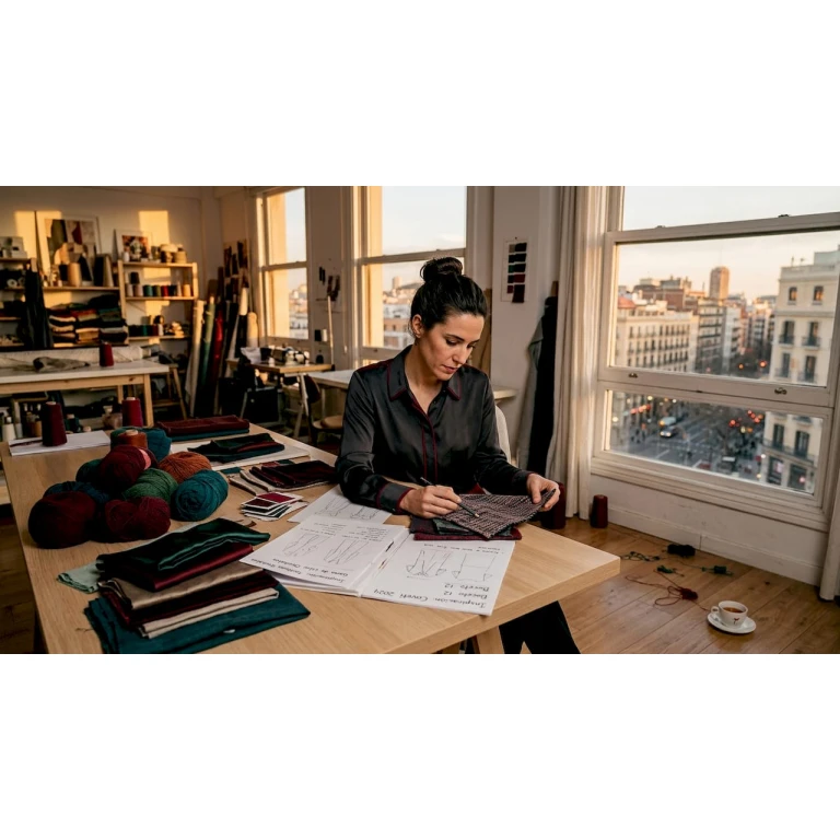 Una diseñadora examina cuidadosamente diferentes tejidos en su taller.