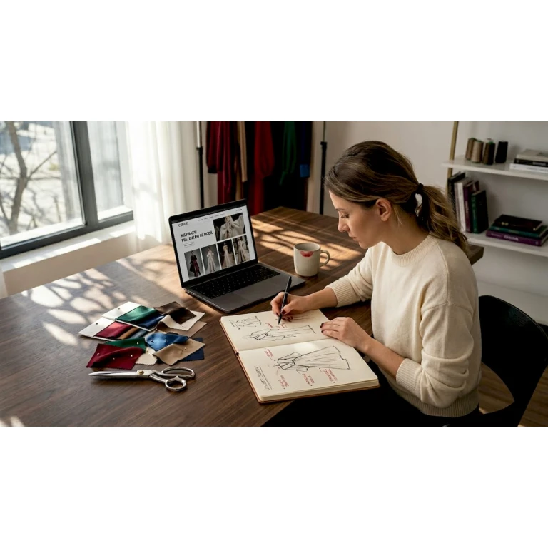 Schiță de creație pentru o colecție vestimentară avangardistă, realizată de un designer.