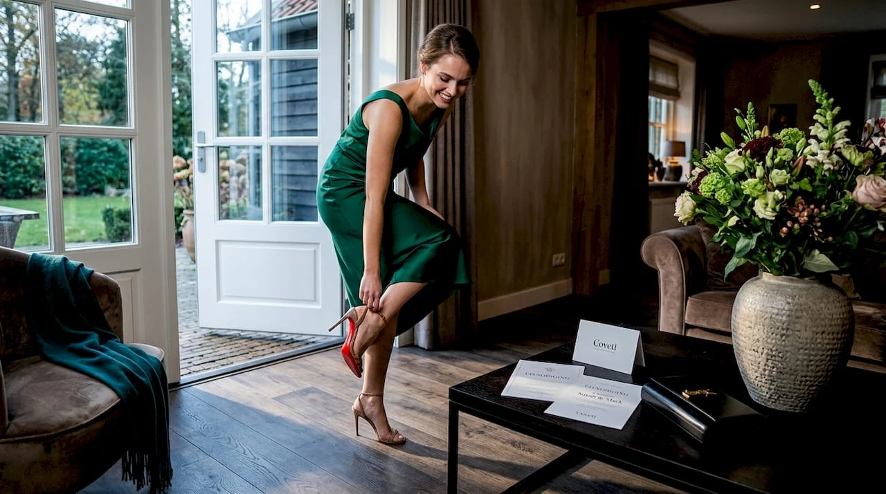 Vrouw kiest haar trouwoutfit uit aan de keukentafel in een lichte ruimte
