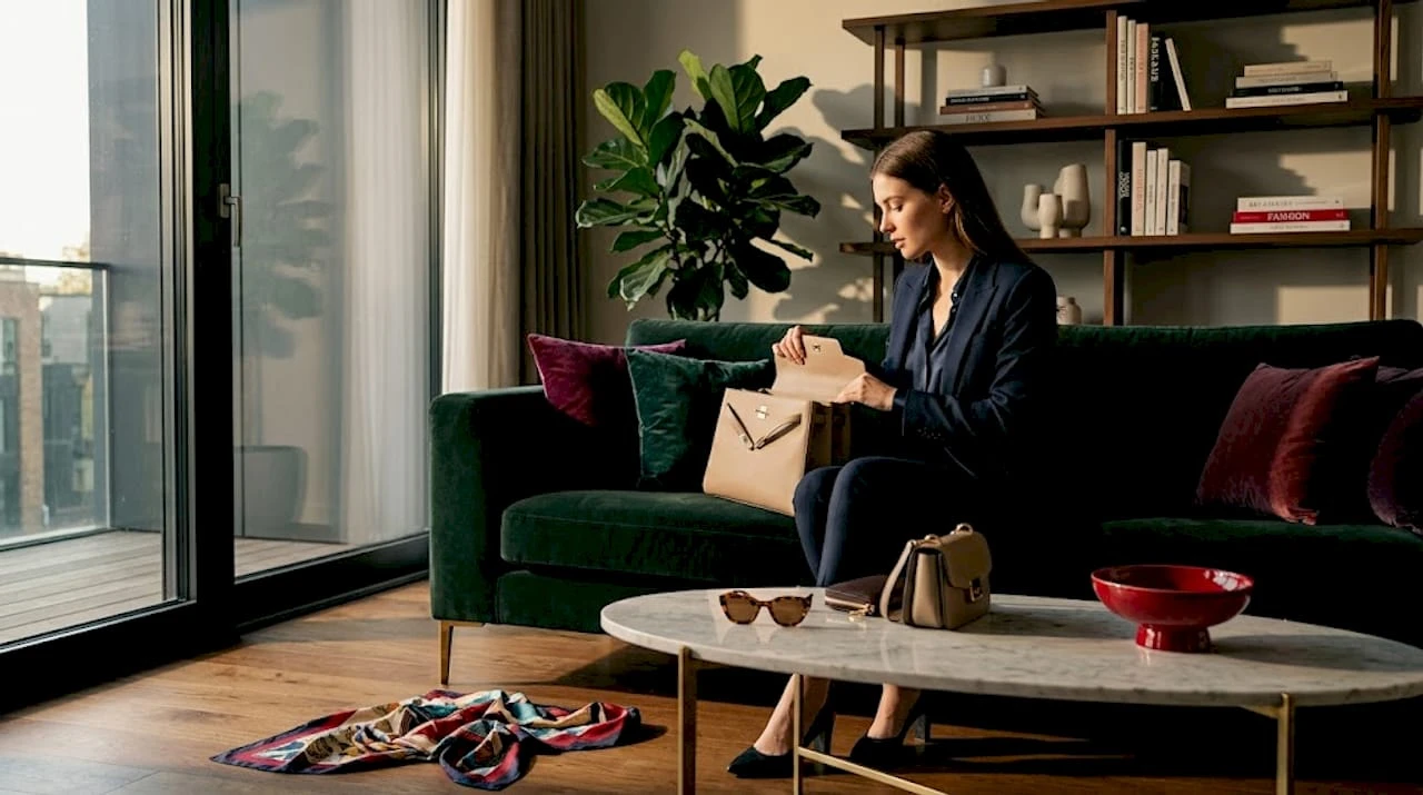 Mulher a experimentar uma mala de design contemporâneo no conforto de sua casa