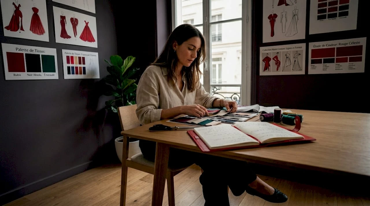 Une créatrice de mode passe en revue différentes étoffes dans son atelier, attentive aux matières et aux textures pour ses prochaines créations.