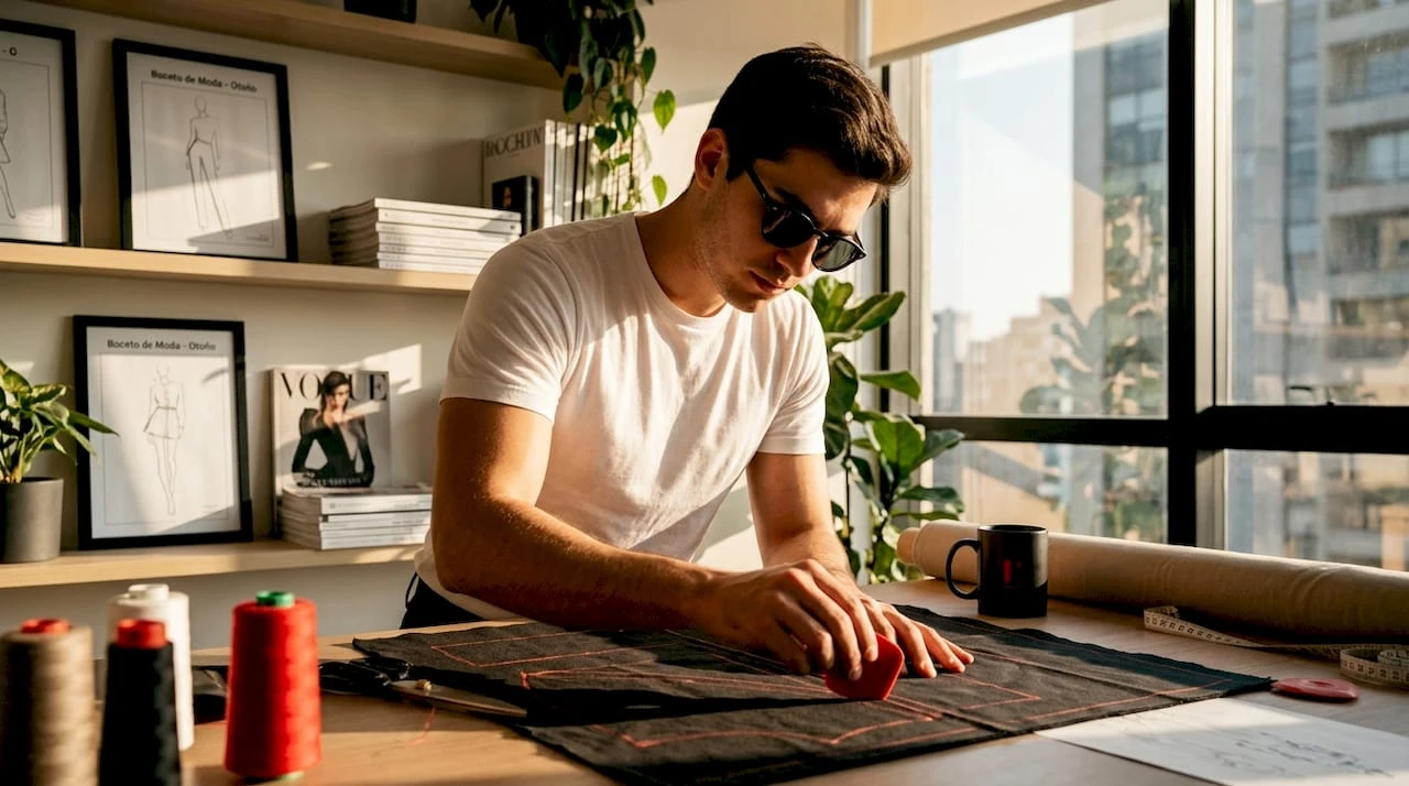 Joven diseñador concentrado en la creación de un nuevo diseño de moda