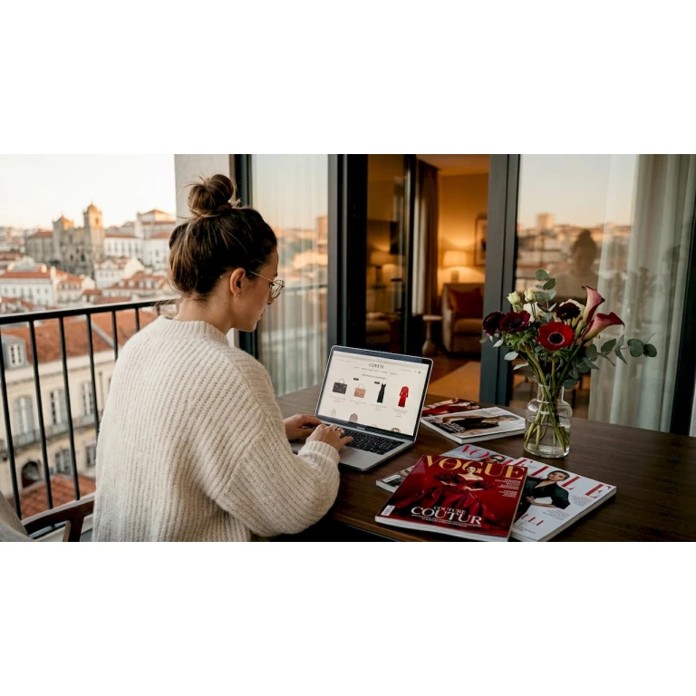 Mulher a explorar um marketplace online de moda de luxo
