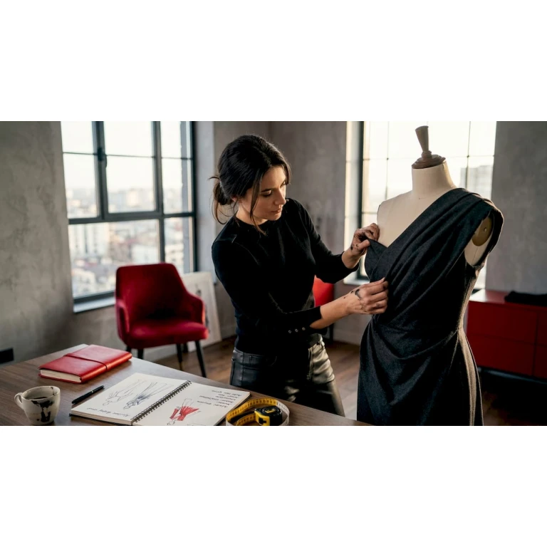 Creatoarea de modă își pune în valoare inspirația în atelier, lucrând la noile colecții.