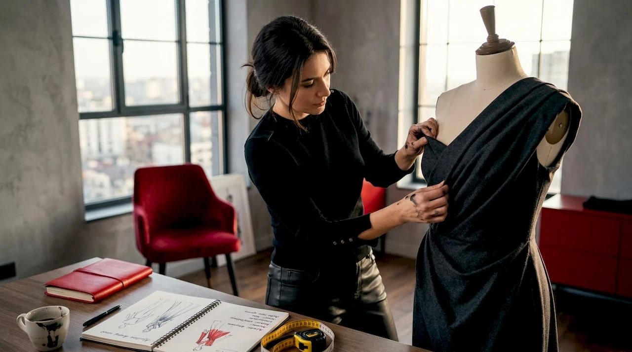 Creatoarea de modă își pune în valoare inspirația în atelier, lucrând la noile colecții.