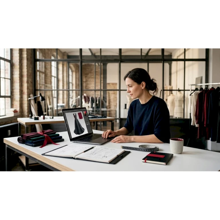 Eine Modedesignerin entwirft am Laptop ein Kleid in 3D.