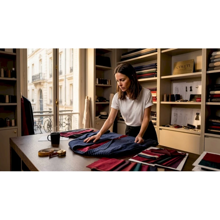Un designer osserva attentamente un blazer in lino a righe, valutandone stile e dettagli.