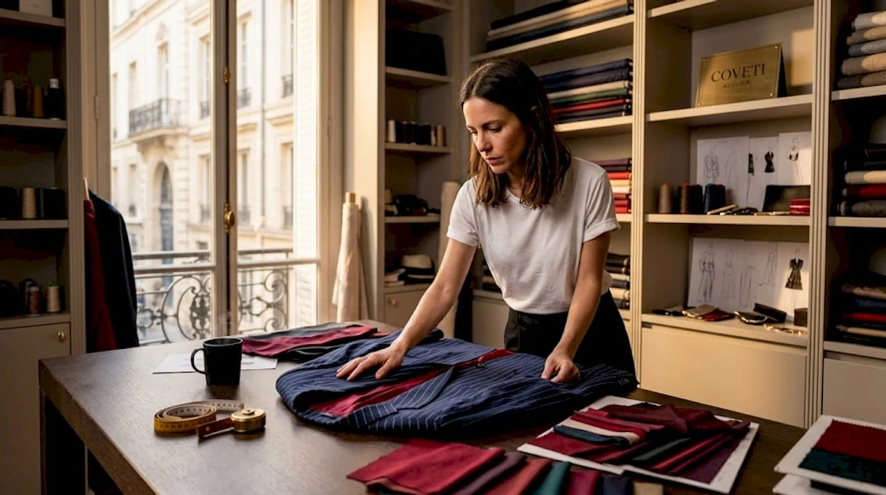 Un designer osserva attentamente un blazer in lino a righe, valutandone stile e dettagli.