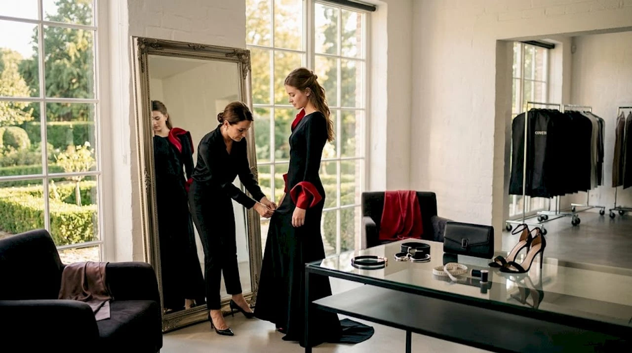 Una stylist sistema con cura un abito da gala all’interno dello showroom.