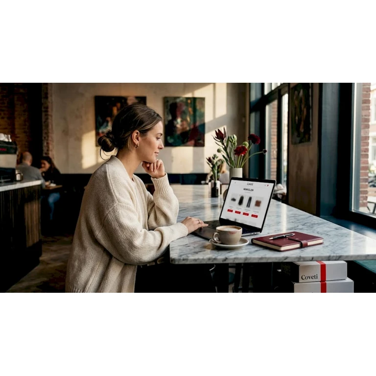 Een vrouw die thuis op haar gemakje online nieuwe kleding uitzoekt.