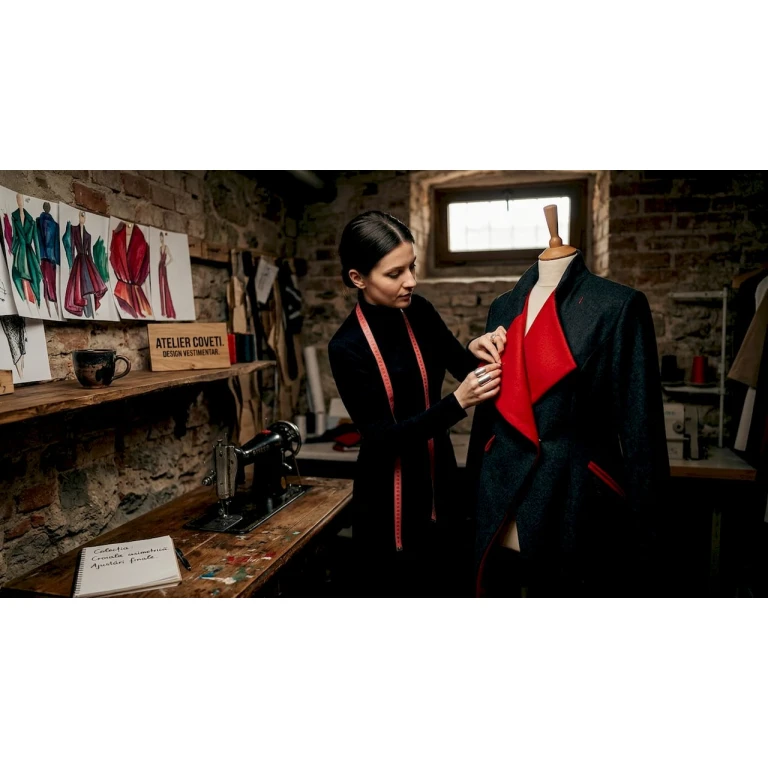 Creatoare de modă la lucru în atelier, concentrată pe schițe și materialele din jur.
