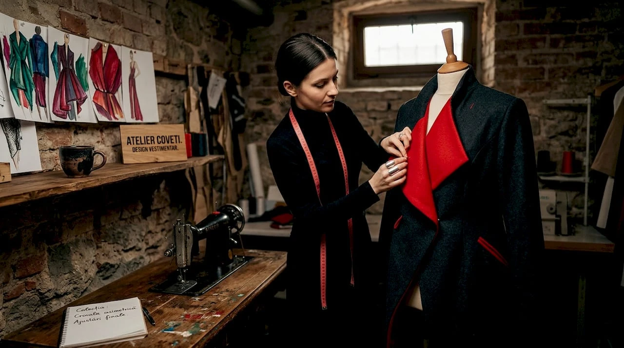 Creatoare de modă la lucru în atelier, concentrată pe schițe și materialele din jur.