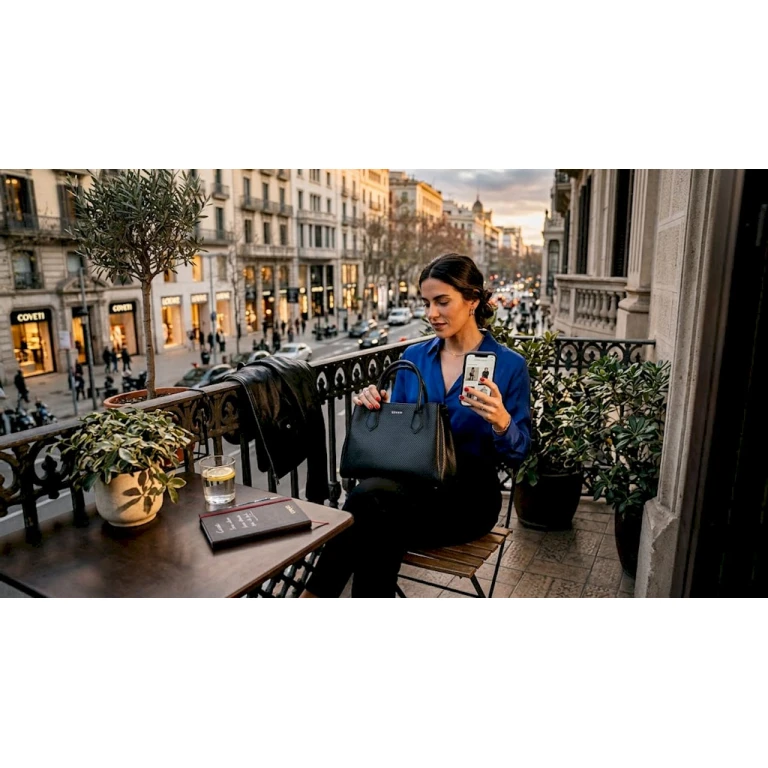 Una mujer observa con detalle un bolso de lujo a la última mientras toma algo en una cafetería.