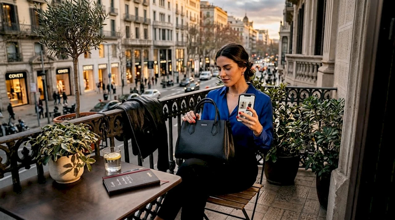 Una mujer observa con detalle un bolso de lujo a la última mientras toma algo en una cafetería.