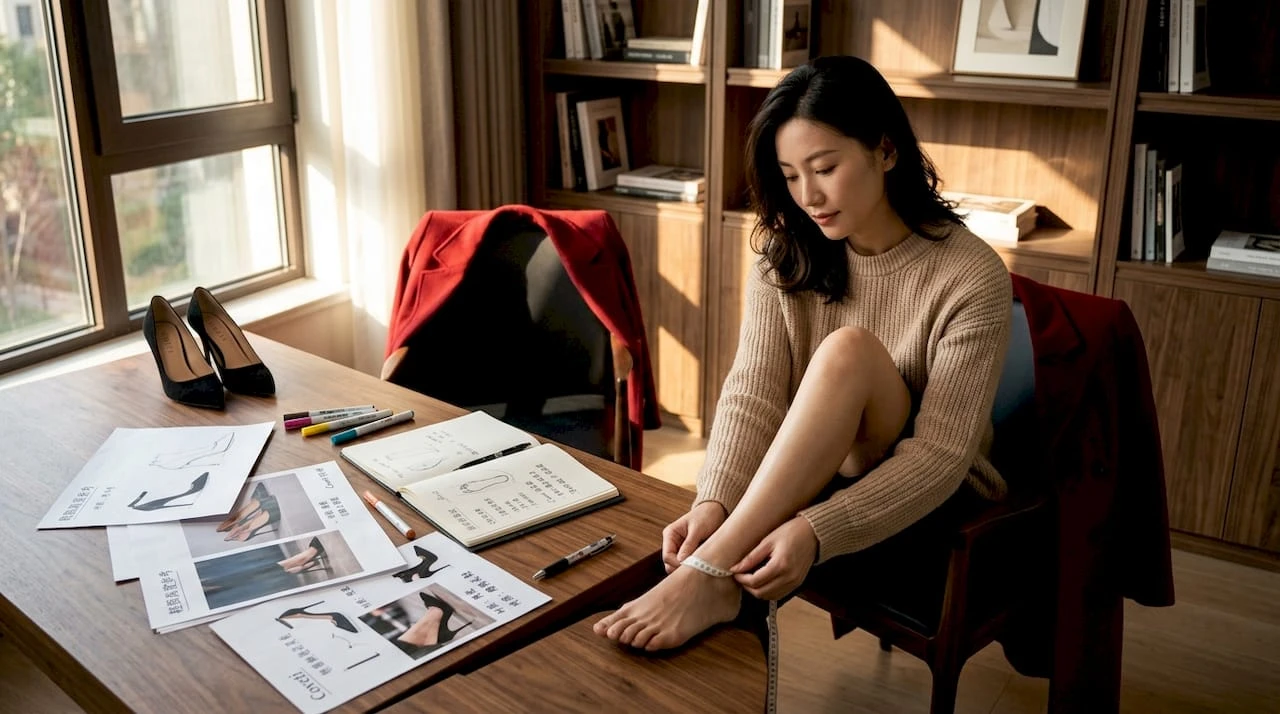 一位女士正在客厅里为鞋子的测量与准备工作忙碌着。