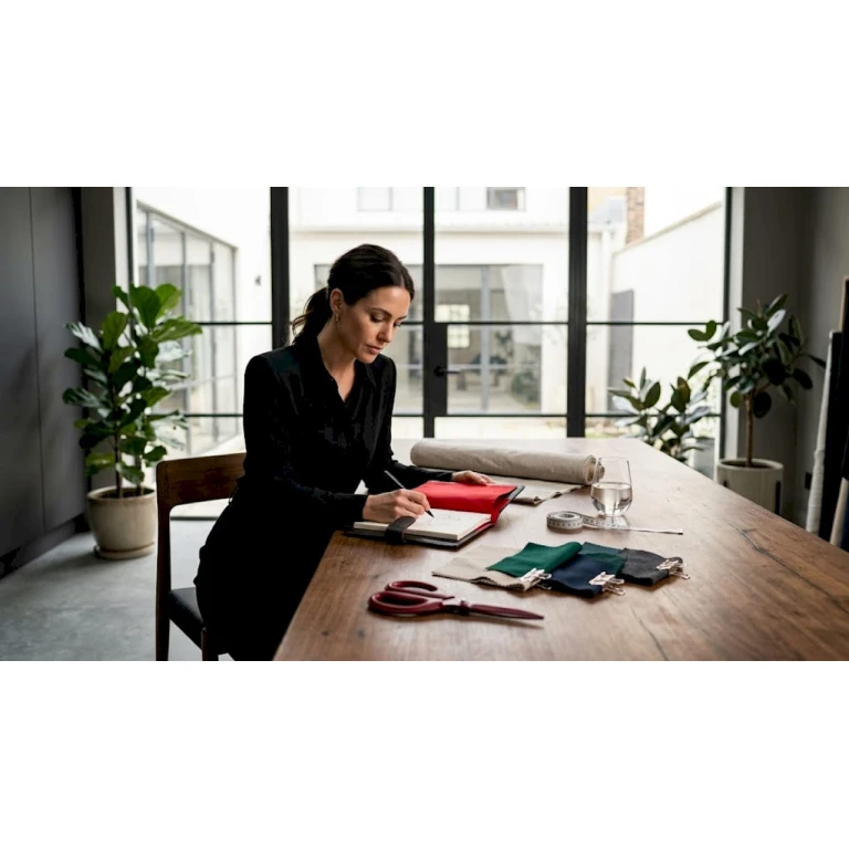 Een ontwerper werkt aan schetsen van accessoires aan zijn bureau in een gezellige thuiskantooromgeving.