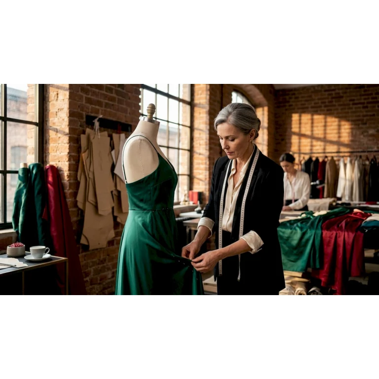 Croitorul retușează o rochie de lux în atelier, acordând atenție fiecărui detaliu pentru ca rezultatul să fie impecabil.