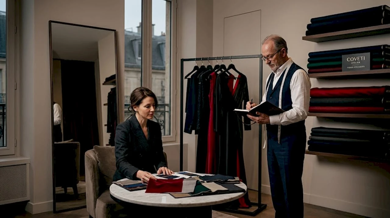 Un client échange avec son tailleur dans un atelier lumineux.