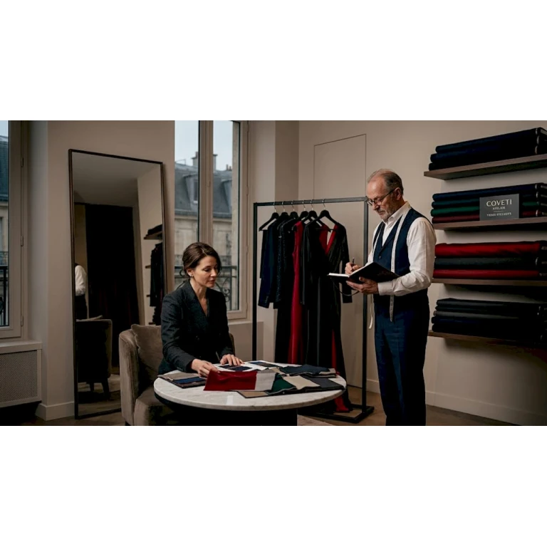 Un client échange avec son tailleur dans un atelier lumineux.