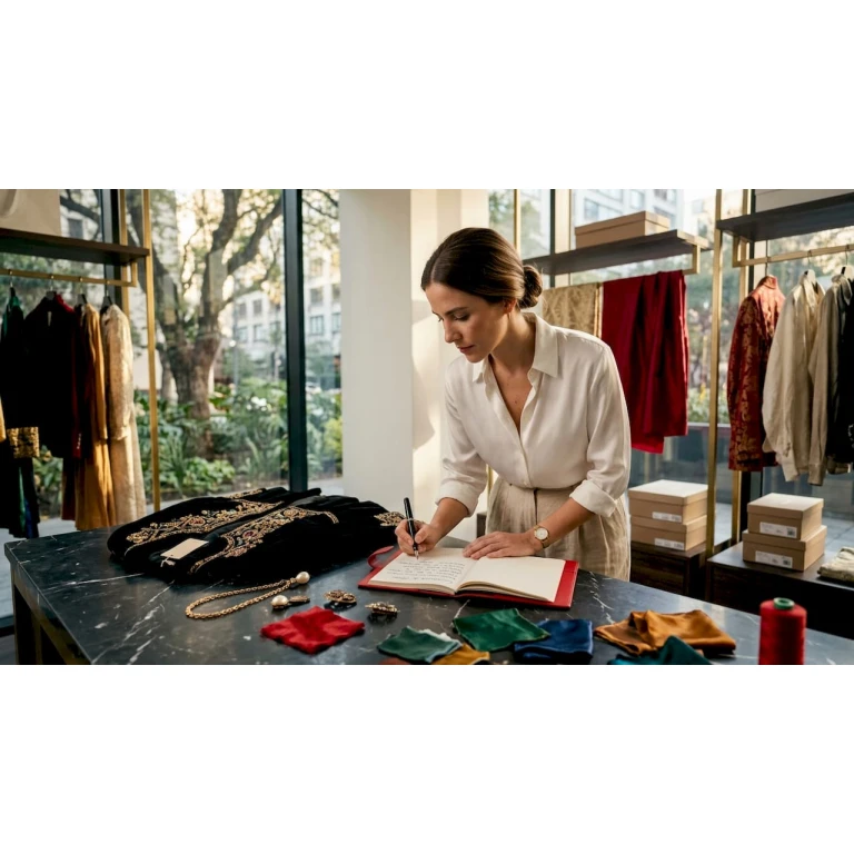 Especialista en moda seleccionando prendas en su taller