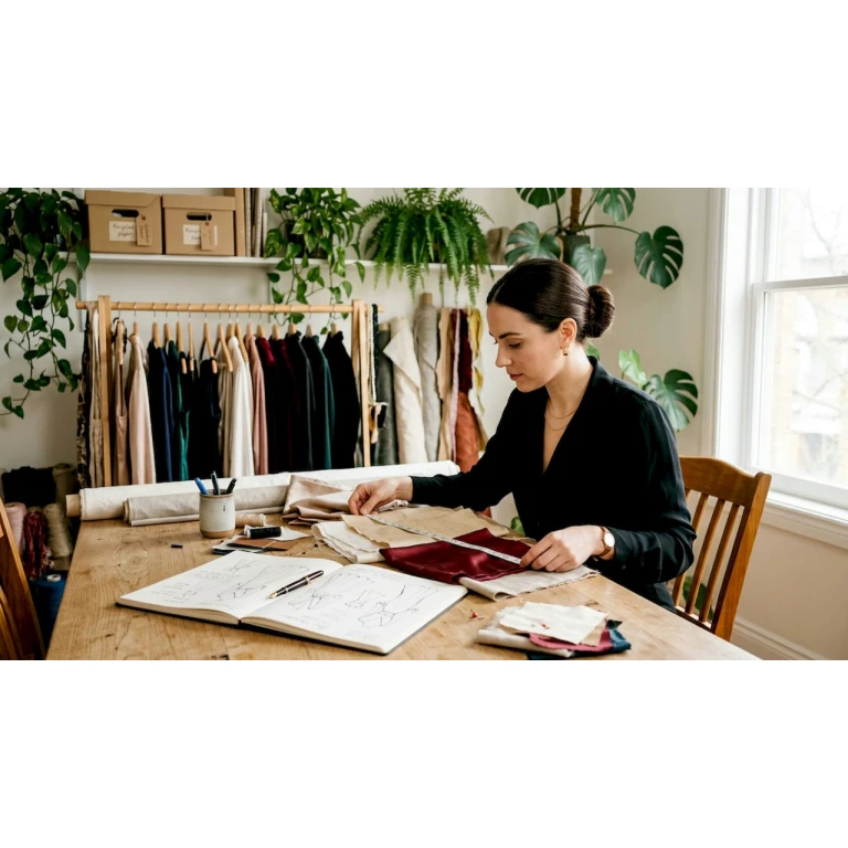 No atelier, o designer examina cuidadosamente tecidos ecológicos, procurando as melhores opções para criar peças sustentáveis.