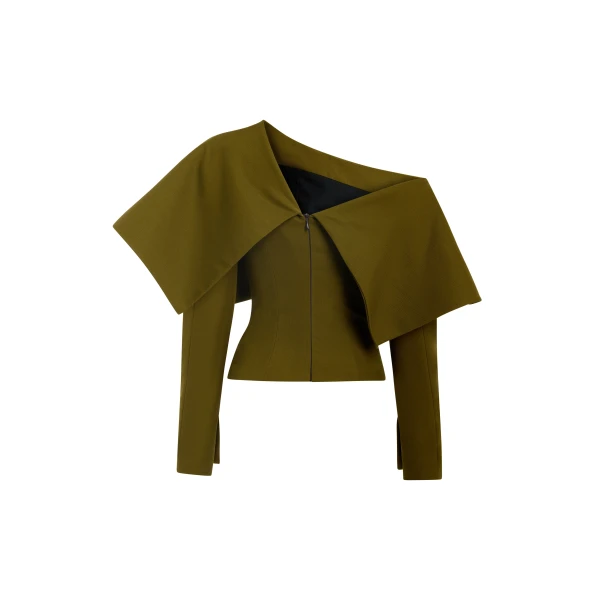 A.W.A.K.E. MODE Back To Front Asymmetric Oversized Collar Top Khaki Green - Tops - Conceptual Avant-Garde Fashion at Luxury Shoes 
